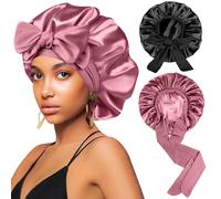 2Pcs Silk Hair Satin Bonnet for Sleeping Women,Large Satin Sleep Bonnets for Women with Elastic Tie Band Silk Hair Wrap with Ajustable Straps,Night Sleep cap for Men Curly Braids Hair,Black+Rose Gold