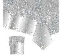 2pcs Silver Shiny Glitter Diamond Table Cloth Party Plastic Tablecloths,137*274cm Large Sequin Printed TableCloth Dinner Tablecover for Kids Adults Birthday,Wedding Christmas Silver Party Decorations