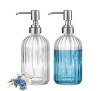 2Pcs Simple Glass Soap Dispensers with Stainless Steel Pump, Refillable Kitchen soap Dispenser with Vertical Stripe, Bathroom Soap Dispenser for Bathroom Hand soap, Dish Soap, Lotion