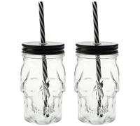 2Pcs Skull Cups, 17oz Glass Skull Halloween Cup With Straw And Lid, Reusable Non Slip Halloween Decorations For Beverage, Liquor, Mix Cocktail