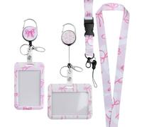 2Pcs Sliding Badge Holder with Retractable Reel, Bowknot Pattern Plastic Vertical Card Protector, Carabiner & Detachable Lanyard for Office Worker, Teacher, Student