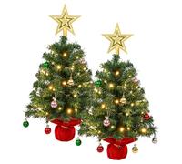 2PCS Small Christmas Tree with Lights, 2ft Mini Tabletop Christmas Tree with Star Topper and Baubles for Home Kitchen Dining Table Decor