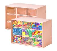 2Pcs Small Drawer Organiser,Desk Storage Organizer with 9 Drawers,Stackable Desktop Craft Drawer Cabinet, Clear Storage Box Caddy for Sewing, DIY Crafts, Office Supplies, Jewelry (Pink)