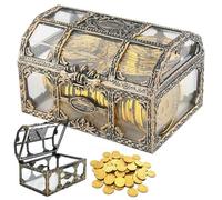 2PCS Small Transparent Treasure Chest for Kids, 10.5x8x6.5cm Mini Pirate Storage Box, Golden Vintage Jewelry Container, Decorative Home Decor