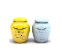 2pcs Small Urns for Human Ashes Mini Marble Finish Keepsake Urn for Pet Cat Dog Ashes Memorial Cremation Ceramics Mini Urns Decorative Funeral Urns (Yellow Wing&Blue God)