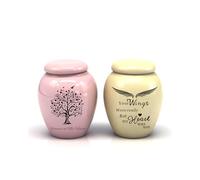 2pcs Small Urns for Human Ashes Mini Marble Finish Keepsake Urn for Pet Cat Dog Ashes Memorial Cremation Ceramics Mini Urns Decorative Funeral Urns (Pink Tree&Beige Wing)