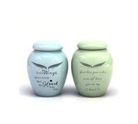2pcs Small Urns for Human Ashes Mini Marble Finish Keepsake Urn for Pet Cat Dog Ashes Memorial Cremation Ceramics Mini Urns Decorative Funeral Urns (Blue Wing&Green God)