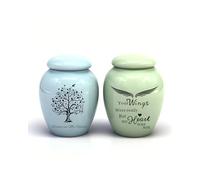 2pcs Small Urns for Human Ashes Mini Marble Finish Keepsake Urn for Pet Cat Dog Ashes Memorial Cremation Ceramics Mini Urns Decorative Funeral Urns (Blue Tree&Green Wing)