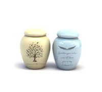 2pcs Small Urns for Human Ashes Mini Marble Finish Keepsake Urn for Pet Cat Dog Ashes Memorial Cremation Ceramics Mini Urns Decorative Funeral Urns (Beige Tree&Blue God)