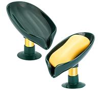 2PCS Soap Dish Holder in Elegant Leaf Shape, Self Draining Soap Holder, Bar Soap Holder Soap Saver with Suction Cup, Plastic Tray Holder for Shower Bathroom Tub Kitchen Sink