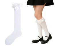 2PCS Soft Skin-Friendly Knee High Frilly Ruffled Socks for Women & Girls - Elegant Vintage Lace Design with Bows, Comfortable Breathable Long Boot Stockings, Over Knee Floral Cuff (White)
