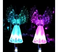 2Pcs Solar Angel Light Outdoor Garden Waterproof Solar Stake Lamp with Luminous Wings Lamps Multi-color Changing LED Grave Lights Solar Powered Garden Ornaments for Garden Cemetery Sidewalk Yard Lawn