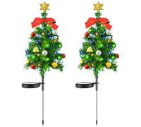 2PCS Solar Christmas Tree,100 LED Small Prelit Christmas Trees with Multi-color String Lights & 2 Models,Solar Powered Artificial Xmas Tree with Lights for Outside Pathway Christmas Decorations