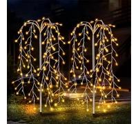 2PCS Solar Garden Lights Outdoor Decor- Solar Powered Firework Stake 100 LED Sparklers String Lights, Warm/Multicolor Fairy Lights, Waterproof Willow Tree Lights for Garden, Patio, Path, Party (Warm)