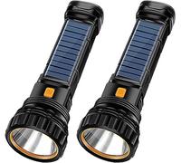 E-SHIDAI 2pcs Solar/Rechargeable Multi Function 1000 Lumens LED Flashlight, with Emergency Strobe Light and 1200 Mah Battery, Emergency Power Supply and USB Charging Cable, Fast Charging (2PC)