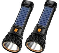 2pcs Solar/Rechargeable Multi Function 1000 Lumens LED Flashlight, with Emergency Strobe Light and 1200 Mah Battery, Emergency Power Supply and USB Charging Cable, Fast Charging
