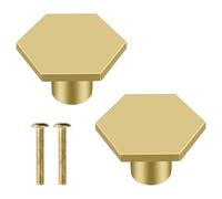 2Pcs Solid Brass Hexagon Knobs Gold 30mm Kitchen Cabinet Knobs with Screws