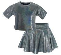 2Pcs Sparkly Jazz Hip Hop Modern Dance Costume for Girls Short Sleeve T-Shirt Crop Top with Elastic Waist Flare Skirt Black 120