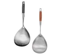 2pcs Spider Strainer Spoon with Wooden Handle Stainless Steel | Dense Perforations, Deep Bowl and Smooth Rounded Rim, Fast Lifting for Vegetables, Broccoli, Soup Preparation and Restaurants