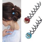 2Pcs Spiral Hair Pins with Glitter Ball Twist Screw Hairpins Barrette Bobby Pins Clips Bun Stick Spin Hair Bun Styling Tool Hair Accessories for Women(Blue+Red)