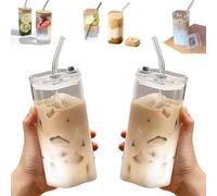 2Pcs Square Glass Drinking Cup 400ml/14oz, Portable Heat Resistant Coffee Cup with Lid & Straw, Transparent Milk Tea Juice Cups Coffee Mug for Home, Bar, Drinkware (Glass Lid)