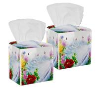 2PCS Square Tissue Box Cover, 3D Peacocks Flowers Butterflies Leather Tissue Case Facial Paper Organizer Dispenser for Vanity Toilet Tank Dresser Night Stand Table Countertop Office Car