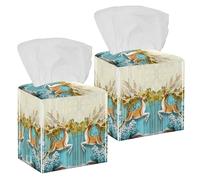 2PCS Square Tissue Box Cover, 3D Tall Thin Trees Yellow Leaves Mirrored Deer Leather Tissue Case Facial Paper Organizer Dispenser for Vanity Toilet Tank Dresser Night Stand Table Countertop Office