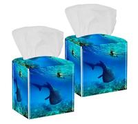 2PCS Square Tissue Box Cover, a Large Whale Shark Leather Tissue Case Facial Paper Organizer Dispenser for Vanity Toilet Tank Dresser Night Stand Table Countertop Office Car