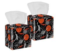 2PCS Square Tissue Box Cover, Abstract Basketball Sport Ball Pattern Leather Tissue Case Facial Paper Organizer Dispenser for Vanity Toilet Tank Dresser Night Stand Table Countertop Office Car
