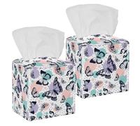2PCS Square Tissue Box Cover, Abstract Butterflies Colorful Pattern Leather Tissue Case Facial Paper Organizer Dispenser for Vanity Dresser Night Stand Table Countertop Office Car