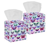 2PCS Square Tissue Box Cover, Abstract Colorful Tender Butterflies Striped Pattern Leather Tissue Case Facial Paper Organizer Dispenser for Vanity Toilet Tank Dresser Night Stand Table Countertop