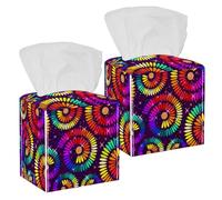2PCS Square Tissue Box Cover, Abstract Colorfuol Swirl Floral Leather Tissue Case Facial Paper Organizer Dispenser for Vanity Toilet Tank Dresser Night Stand Table Countertop Office Car