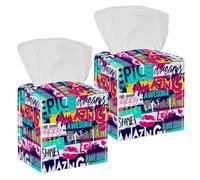 2PCS Square Tissue Box Cover, Abstract Colors Amazing Awesome Love Pattern Leather Tissue Case Facial Paper Organizer Dispenser for Vanity Dresser Night Stand Table Countertop Office Car