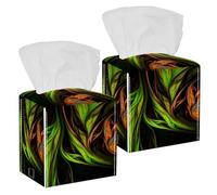 2PCS Square Tissue Box Cover, Abstract Exotic Tropical Green and Orange Leaves Leather Tissue Case Facial Paper Organizer Dispenser for Vanity Toilet Tank Dresser Night Stand Table Countertop Office