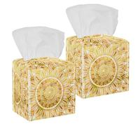 2PCS Square Tissue Box Cover, Abstract Gold Mandala Watercolor Art Painting Leather Tissue Case Facial Paper Organizer Dispenser for Vanity Toilet Tank Dresser Night Stand Table Countertop Office Car
