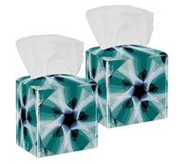 2PCS Square Tissue Box Cover, Abstract Kaleidoscope Green Flowers Floral Pattern Leather Tissue Case Facial Paper Organizer Dispenser for Vanity Dresser Night Stand Table Countertop Office Car