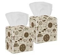 2PCS Square Tissue Box Cover, Abstract Old Manuscript Rose Anchors Vintage Pattern Leather Tissue Case Facial Paper Organizer Dispenser for Vanity Toilet Tank Dresser Night Stand Table Countertop