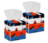 2PCS Square Tissue Box Cover, Abstract Shark Dangerous Sea Fish Pattern with Stripe Leather Tissue Case Facial Paper Organizer Dispenser for Vanity Toilet Tank Dresser Night Stand Table Countertop