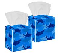 2PCS Square Tissue Box Cover, Abstract Shark Sea Life Underwater Fish Pattern Leather Tissue Case Facial Paper Organizer Dispenser for Vanity Toilet Tank Dresser Night Stand Table Countertop Office