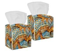 2PCS Square Tissue Box Cover, African Animals Camel Giraffe Ethnic Watercolor Pattern Leather Tissue Case Facial Paper Organizer Dispenser for Vanity Toilet Tank Dresser Night Stand Table Countertop
