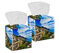 2PCS Square Tissue Box Cover, Amalfi Coast Leather Tissue Case Facial Paper Organizer Dispenser for Vanity Toilet Tank Dresser Night Stand Table Countertop Office Car