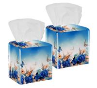 2PCS Square Tissue Box Cover, Amazing Hydrangeas and Daisies Floral Butterflies Leather Tissue Case Facial Paper Organizer Dispenser for Vanity Dresser Night Stand Table Countertop Office Car