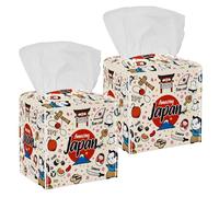 2PCS Square Tissue Box Cover, Amazing Japan Doodles Cartoon Pattern Leather Tissue Case Facial Paper Organizer Dispenser for Vanity Toilet Tank Dresser Night Stand Table Countertop Office Car