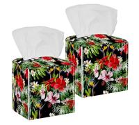 2PCS Square Tissue Box Cover, Amazing Tropical Red Hibiscus Palm Leaf Pattern Leather Tissue Case Facial Paper Organizer Dispenser for Vanity Toilet Tank Dresser Night Stand Table Countertop Office