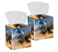 2PCS Square Tissue Box Cover, Amazing Two Wolves Leather Tissue Case Facial Paper Organizer Dispenser for Vanity Toilet Tank Dresser Night Stand Table Countertop Office Car