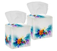 2PCS Square Tissue Box Cover, Amazing Watercolor Floral Flowers Leather Tissue Case Facial Paper Organizer Dispenser for Vanity Toilet Tank Dresser Night Stand Table Countertop Office Car