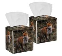 2PCS Square Tissue Box Cover, Animal Fox Red Leather Tissue Case Facial Paper Organizer Dispenser for Vanity Toilet Tank Dresser Night Stand Table Countertop Office Car