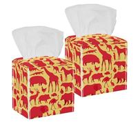 2PCS Square Tissue Box Cover, Animals Elephant Giraffe Rooster Ostrich Crocodile Cliparts Leather Tissue Case Facial Paper Organizer Dispenser for Vanity Dresser Night Stand Table Countertop