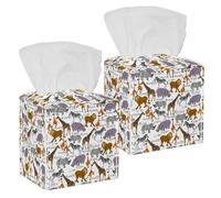 2PCS Square Tissue Box Cover, Animals Hippo Giraffe Lion Zebra Leather Tissue Case Facial Paper Organizer Dispenser for Vanity Toilet Tank Dresser Night Stand Table Countertop Office Car