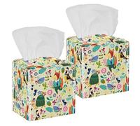 2PCS Square Tissue Box Cover, Animals Trees Leather Tissue Case Facial Paper Organizer Dispenser for Vanity Toilet Tank Dresser Night Stand Table Countertop Office Car